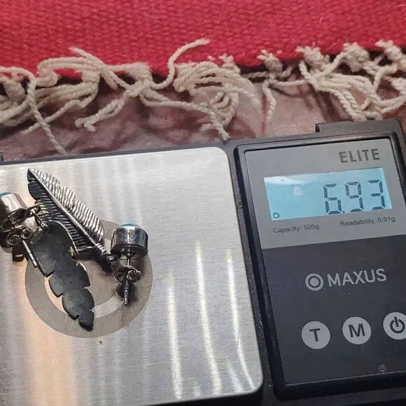 Southwestern Sterling Silver Kingman Turquoise Feather Dangle Drop Earrings - Picture 5 of 5